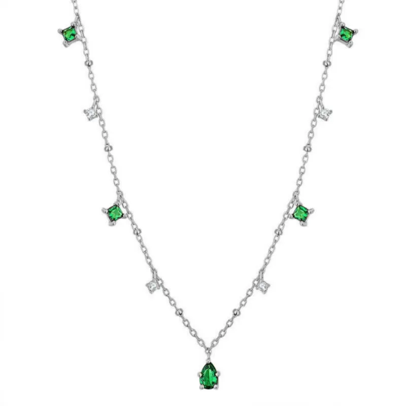 Sterling Silver Necklace with Emerald Green and Clear Crystal Accents – Elegant Minimalist Jewelry jltn0529