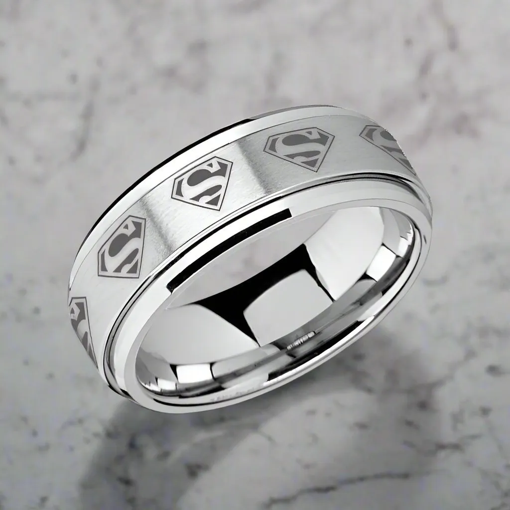 SUPREME | Silver Tungsten Ring, Fidget Spinner, Laser Engraved Superman, Beveled