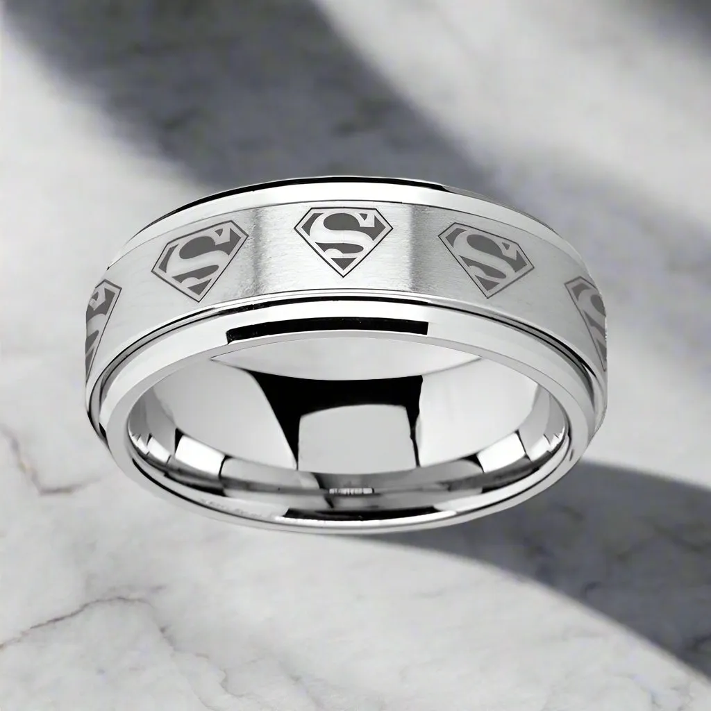 SUPREME | Silver Tungsten Ring, Fidget Spinner, Laser Engraved Superman, Beveled