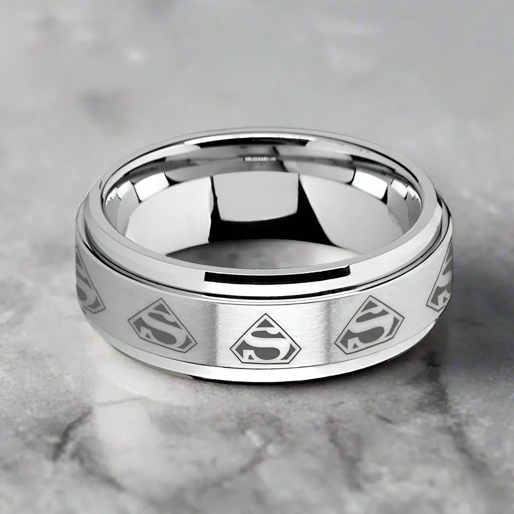 SUPREME | Silver Tungsten Ring, Fidget Spinner, Laser Engraved Superman, Beveled