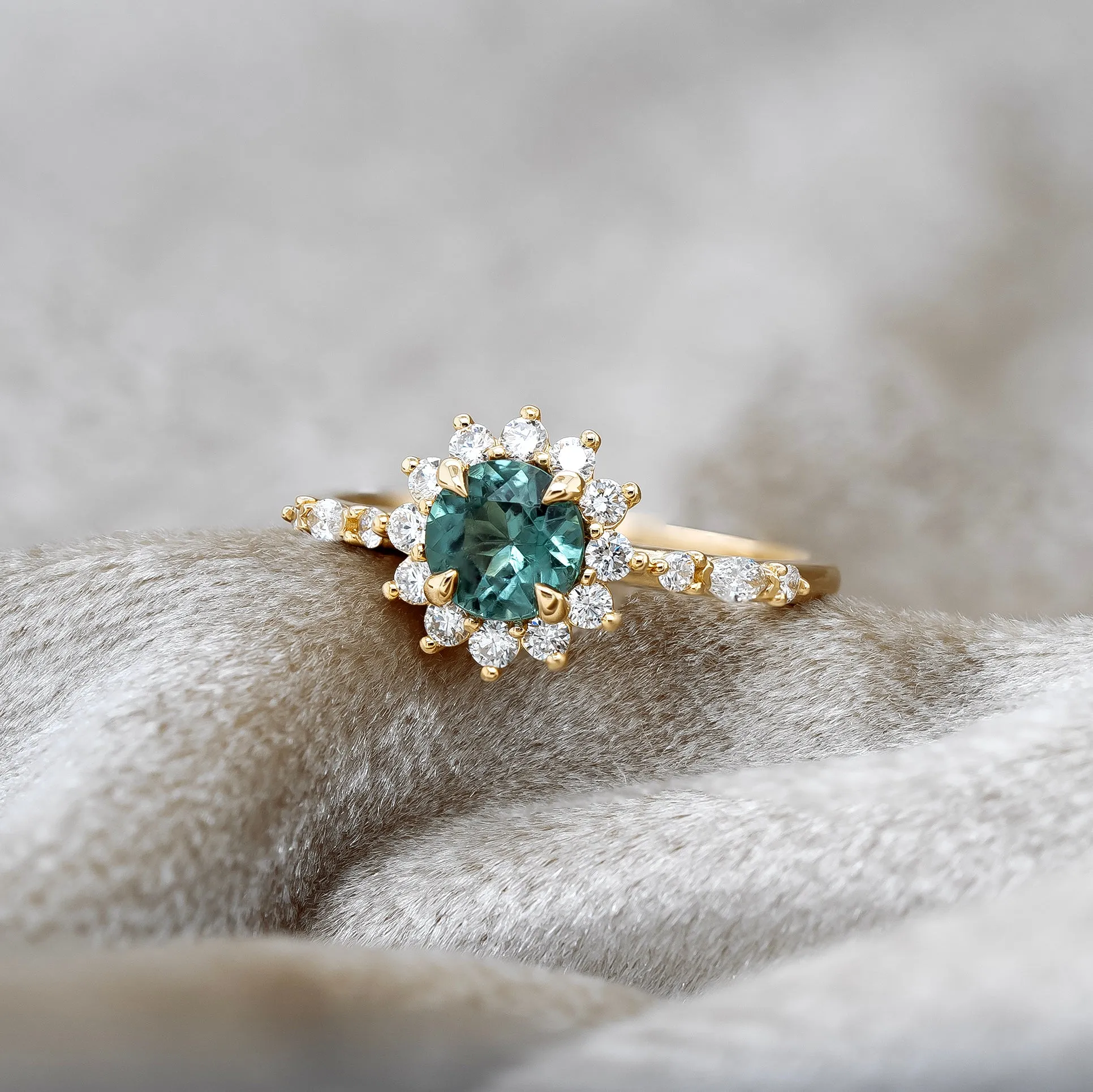 Teal Sapphire Halo Ring