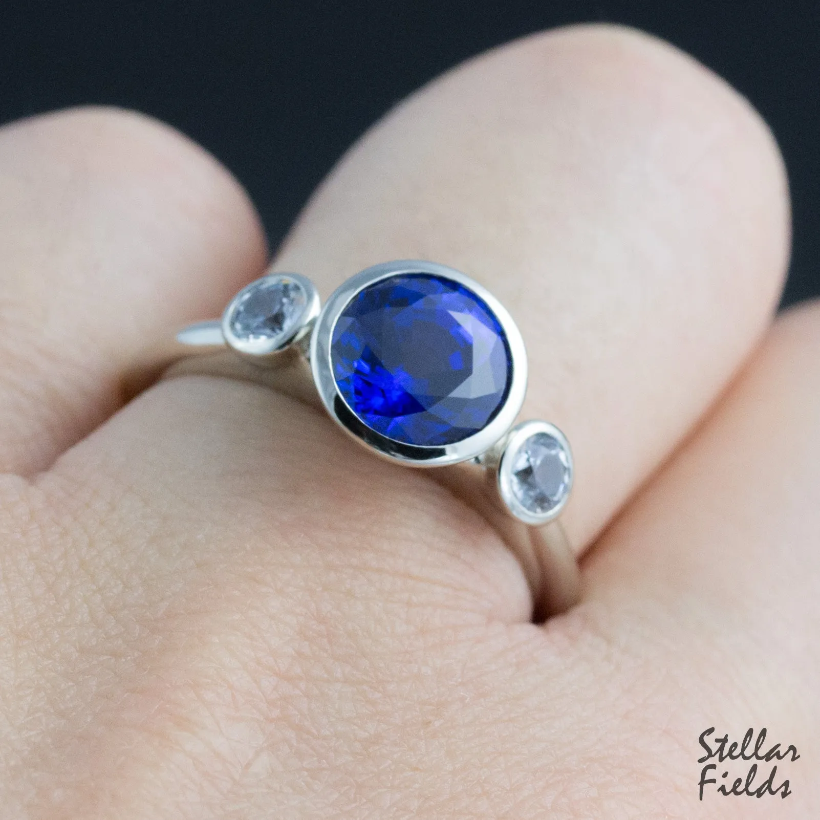 Three Stone Bezel Engagement Ring Cornflower Blue Chatham Sapphire Ethical Alternative Modern Multi Stone Ring