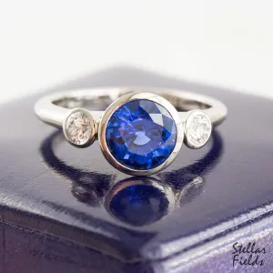 Three Stone Bezel Engagement Ring Cornflower Blue Chatham Sapphire Ethical Alternative Modern Multi Stone Ring