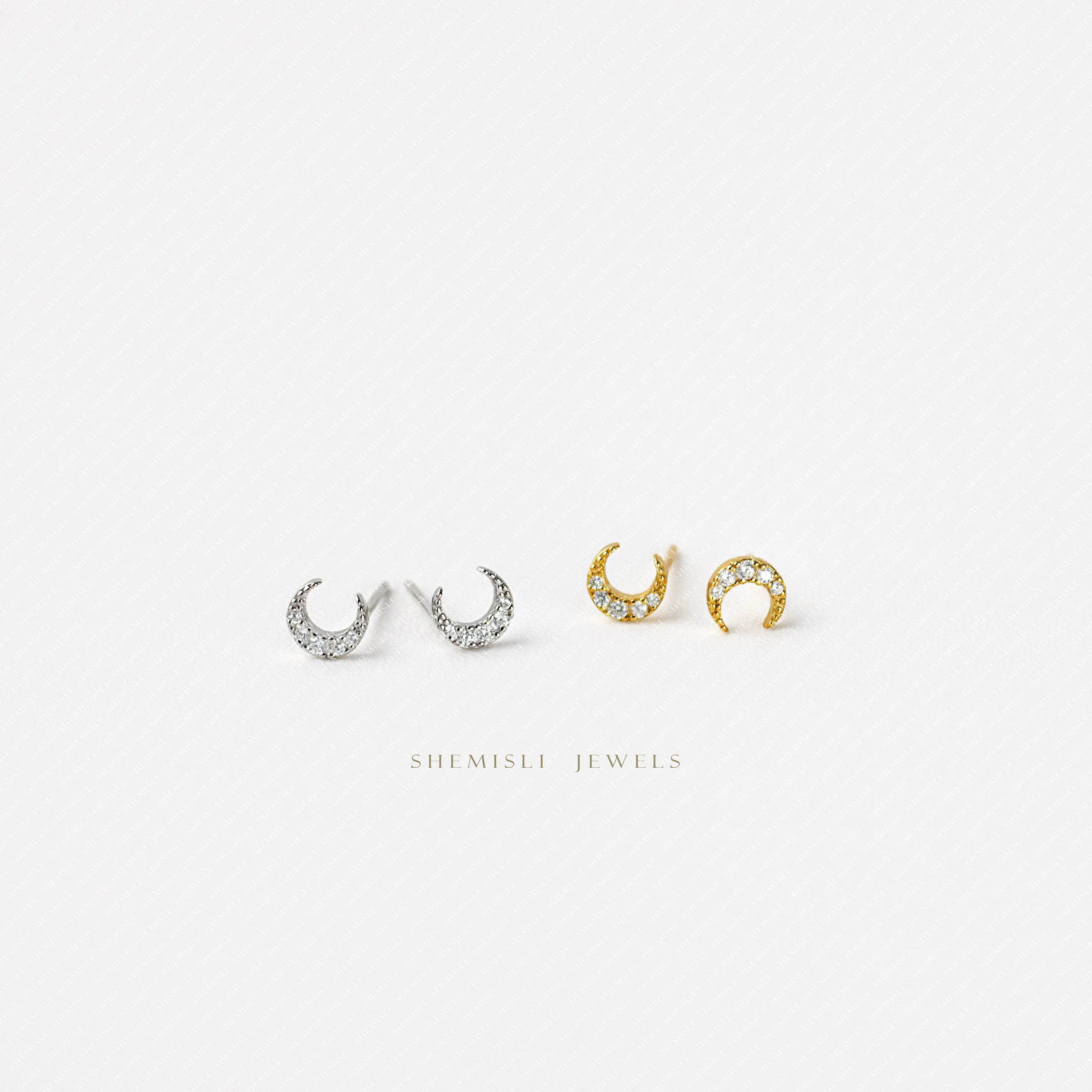 Tiny Moon CZ Studs Earrings, Luna Studs, Unisex, Gold, Silver SHEMISLI SS036 Butterfly End, SS352 Screw Ball End (Type A)