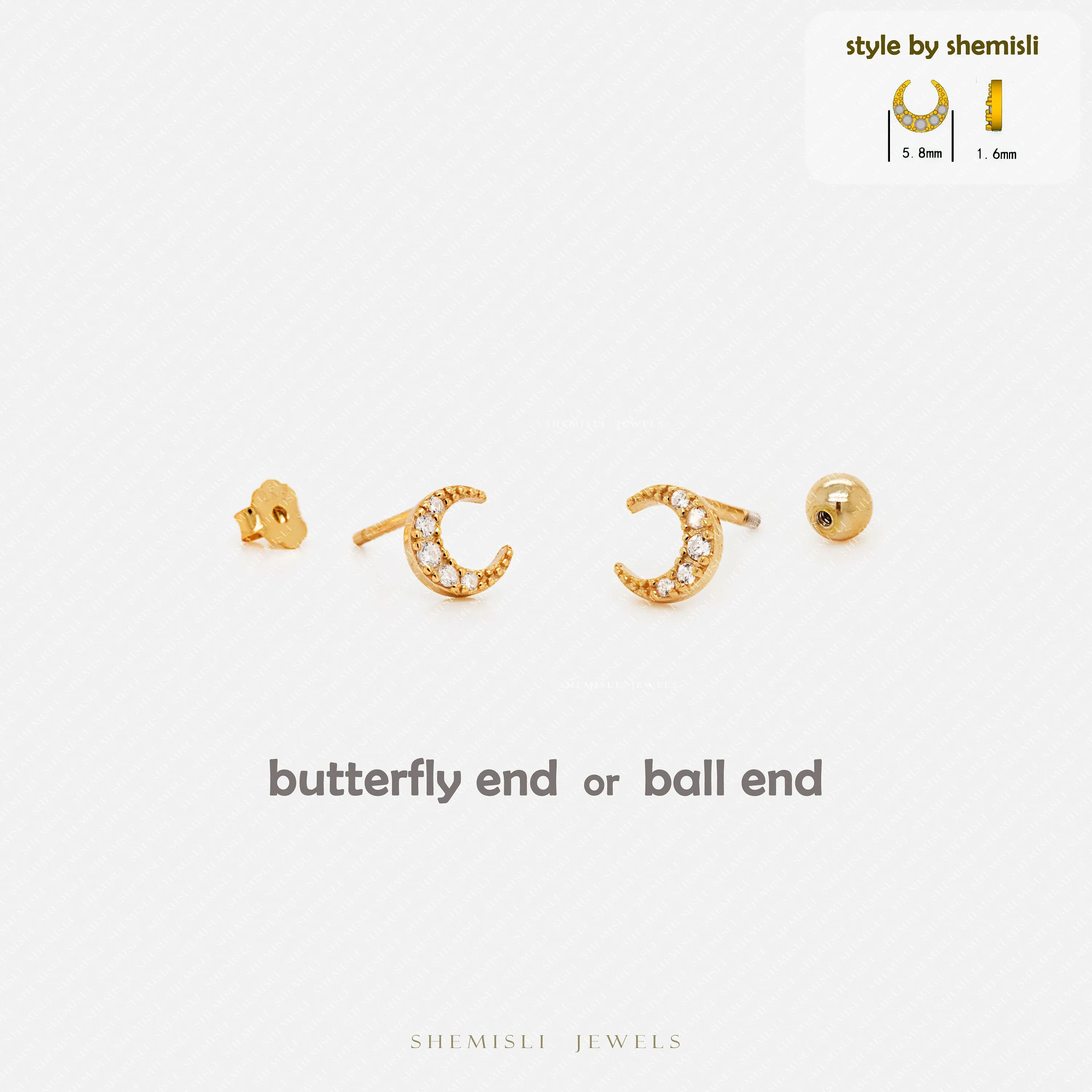 Tiny Moon CZ Studs Earrings, Luna Studs, Unisex, Gold, Silver SHEMISLI SS036 Butterfly End, SS352 Screw Ball End (Type A)