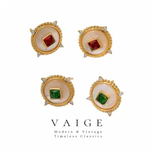 VAIGE Elegant Emerald Green Shell and Gold Zirconia Round Stud Earrings