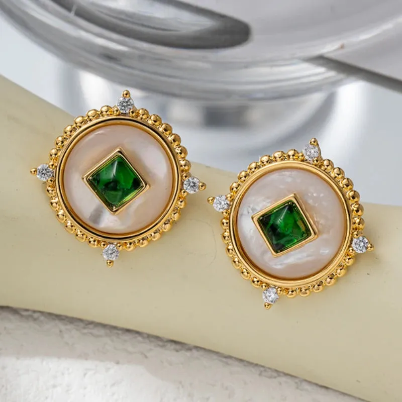 VAIGE Elegant Emerald Green Shell and Gold Zirconia Round Stud Earrings