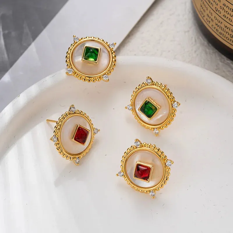 VAIGE Elegant Emerald Green Shell and Gold Zirconia Round Stud Earrings