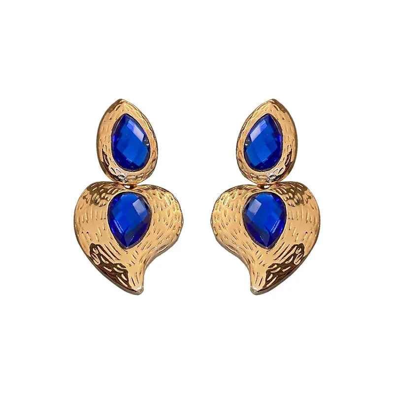 VAIGE Elegant Heart-Shaped Asymmetric Metal Earrings with Blue Crystal Drops