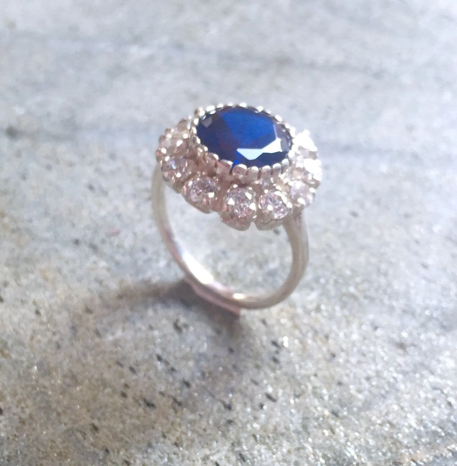 Victorian Sapphire Ring - Blue Statement Ring - Halo Diamond Ring