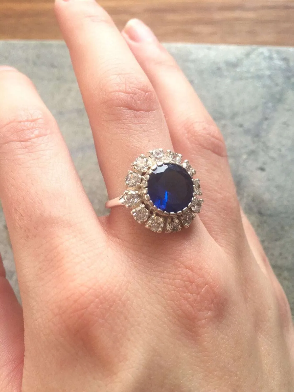 Victorian Sapphire Ring - Blue Statement Ring - Halo Diamond Ring