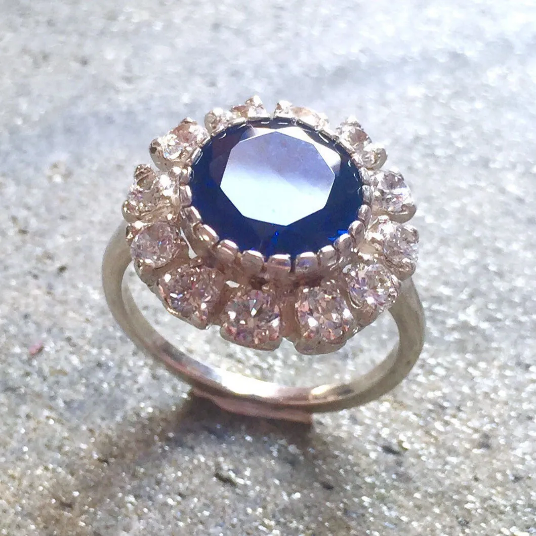 Victorian Sapphire Ring - Blue Statement Ring - Halo Diamond Ring