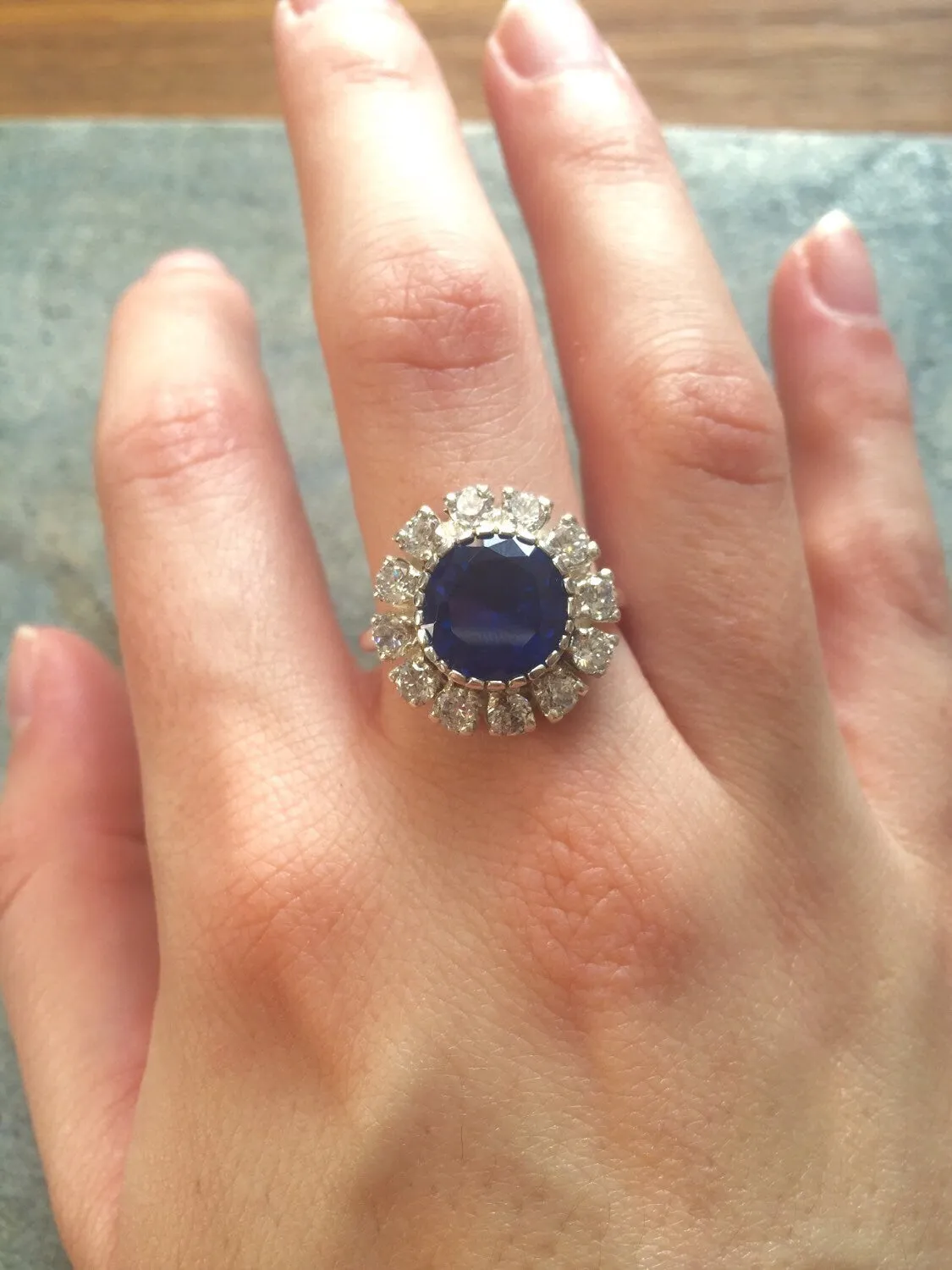 Victorian Sapphire Ring - Blue Statement Ring - Halo Diamond Ring