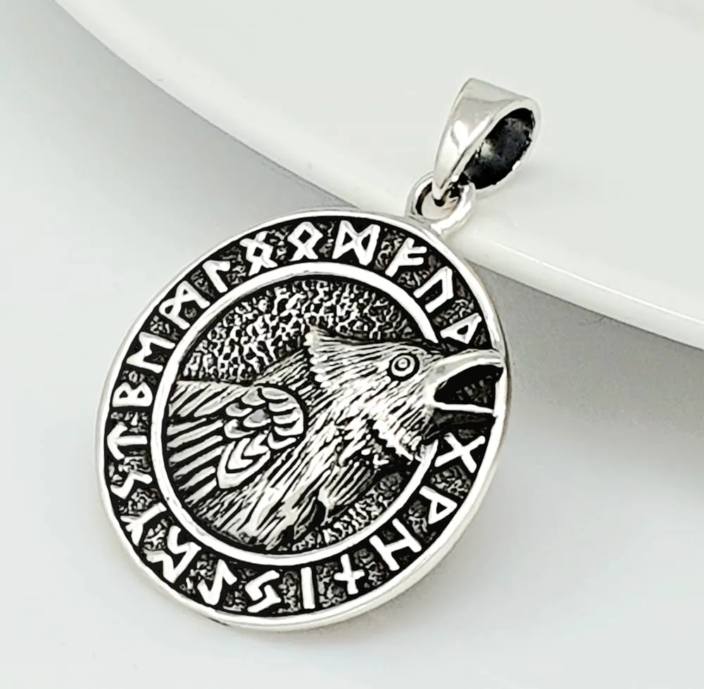 Viking Black Crow Raven Bird Men's Pendant - Men's Women's Sterling Silver Pendant