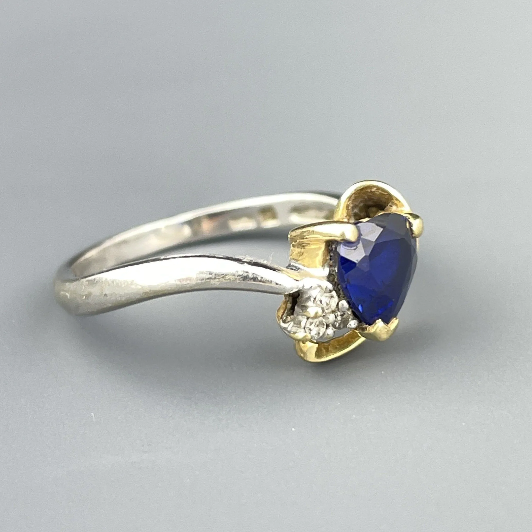 Vintage 10K White and Yellow Gold Diamond Sapphire Heart Ring, Sz 6 1/4