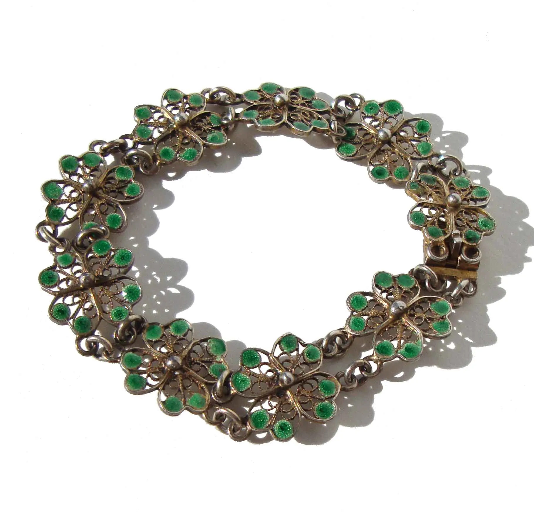 Vintage 40s Bracelet Gilt 800 Silver Green Enamel Filigree