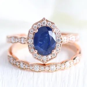 Vintage Floral Oval Ring Bridal Set w/ Natural Sapphire and Diamond in Scalloped Band