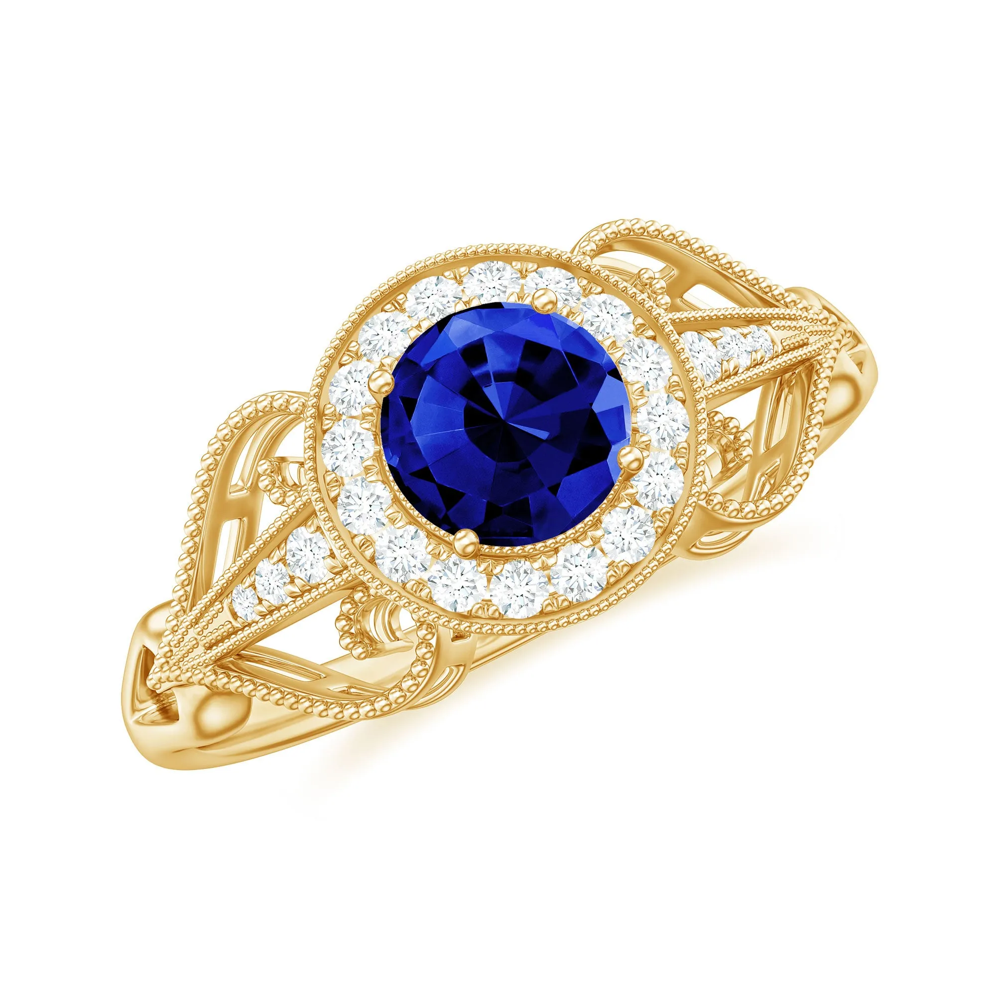 Vintage Lab-Created Blue Sapphire Diamond Engagement Ring