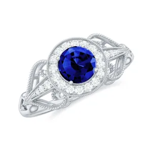 Vintage Lab-Created Blue Sapphire Diamond Engagement Ring