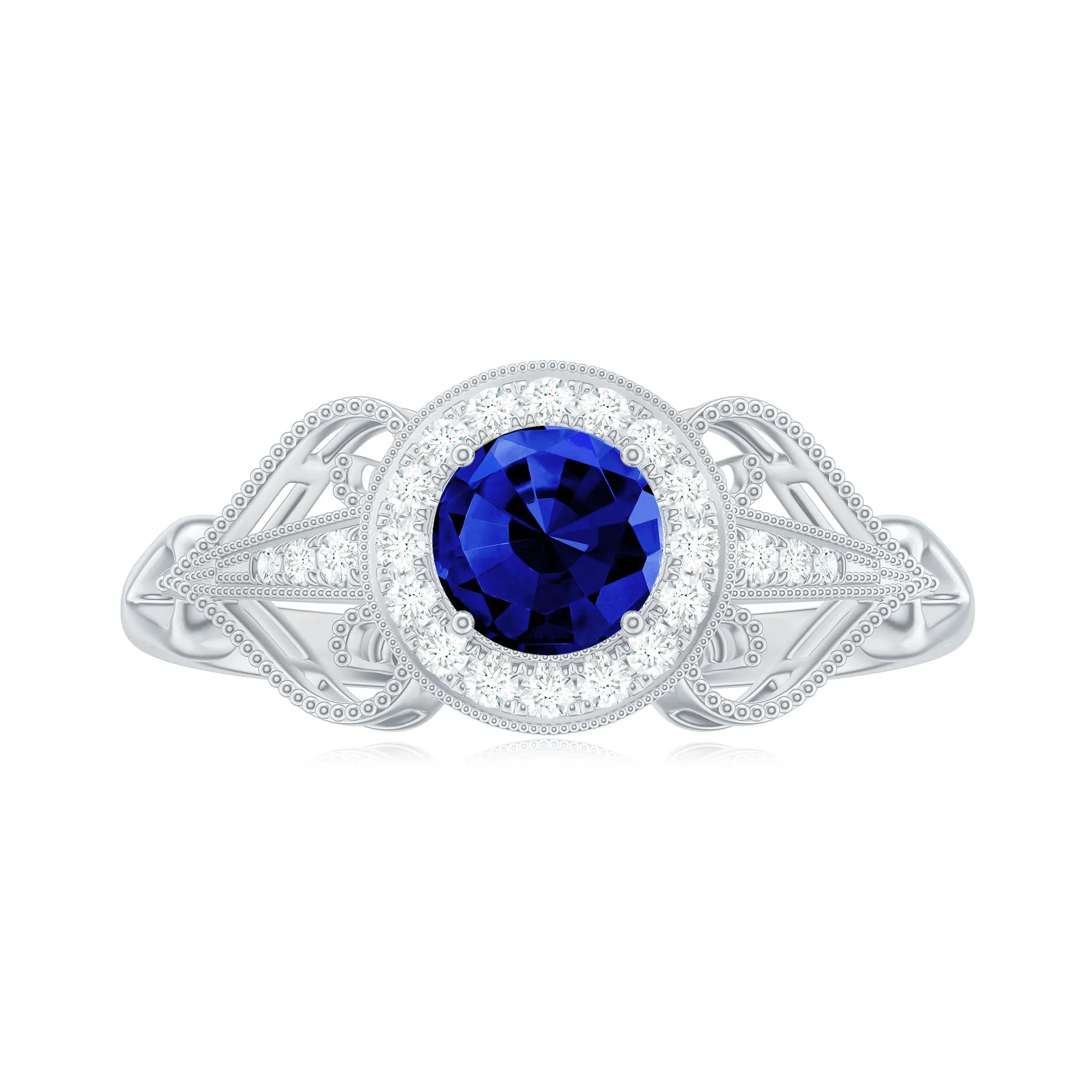 Vintage Lab-Created Blue Sapphire Diamond Engagement Ring