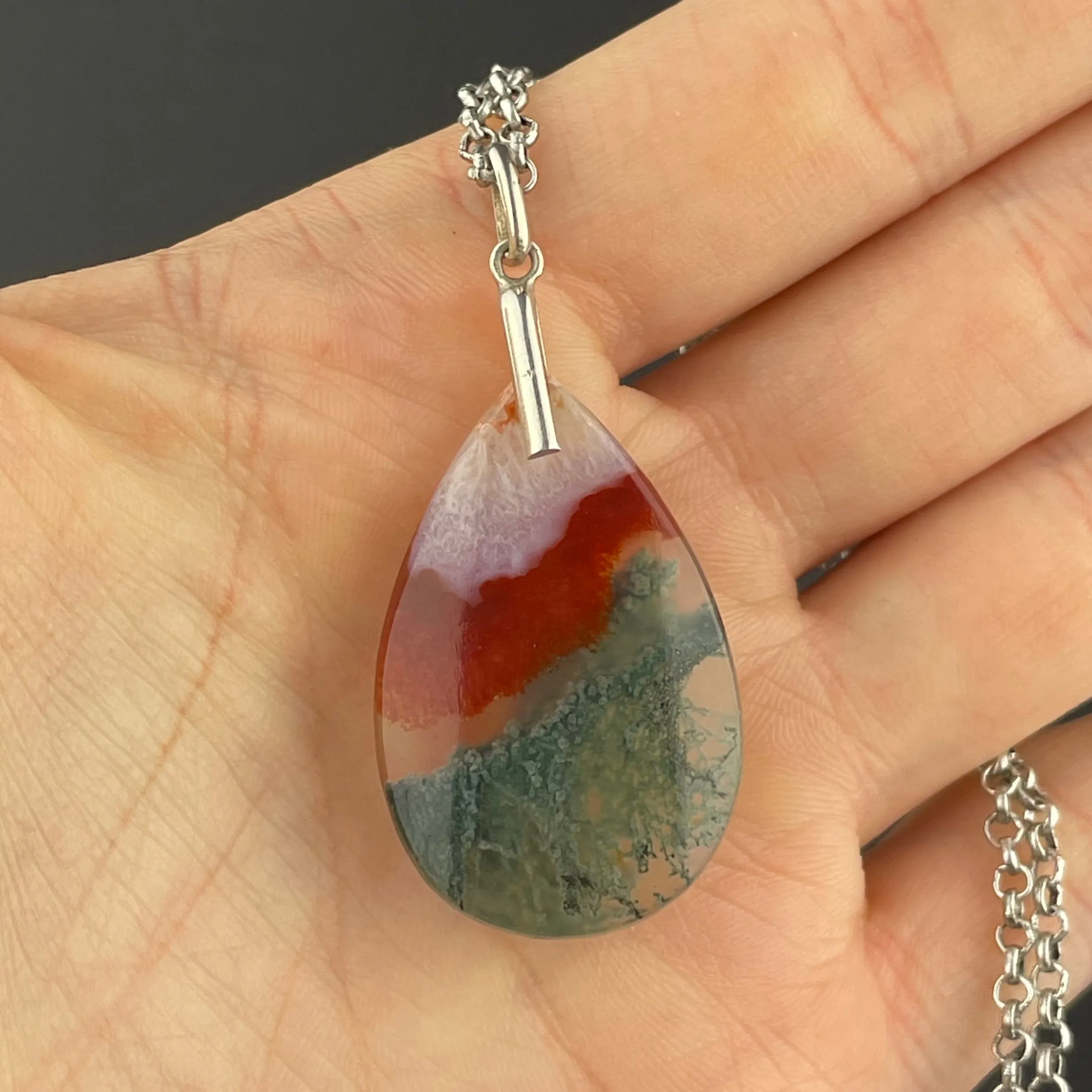 Vintage Silver Scottish Moss Agate Pendant Necklace