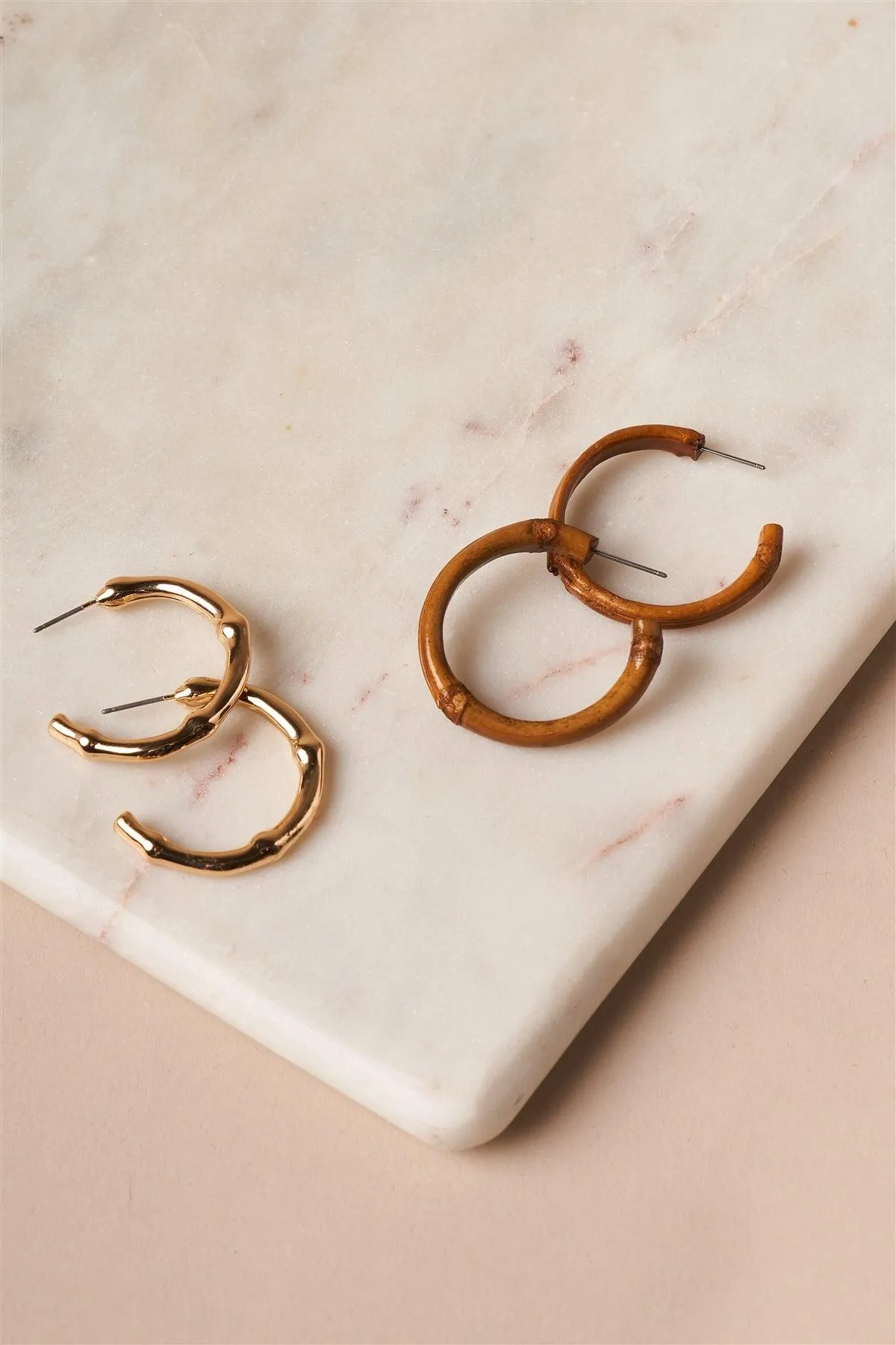 Wood Gold Small Bamboo Hoop Earrings /3 Pairs