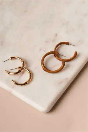 Wood Gold Small Bamboo Hoop Earrings /3 Pairs