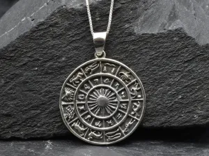 Zodiac Wheel Necklace- Silver Zodiac Pendant - Silver Statement Necklace