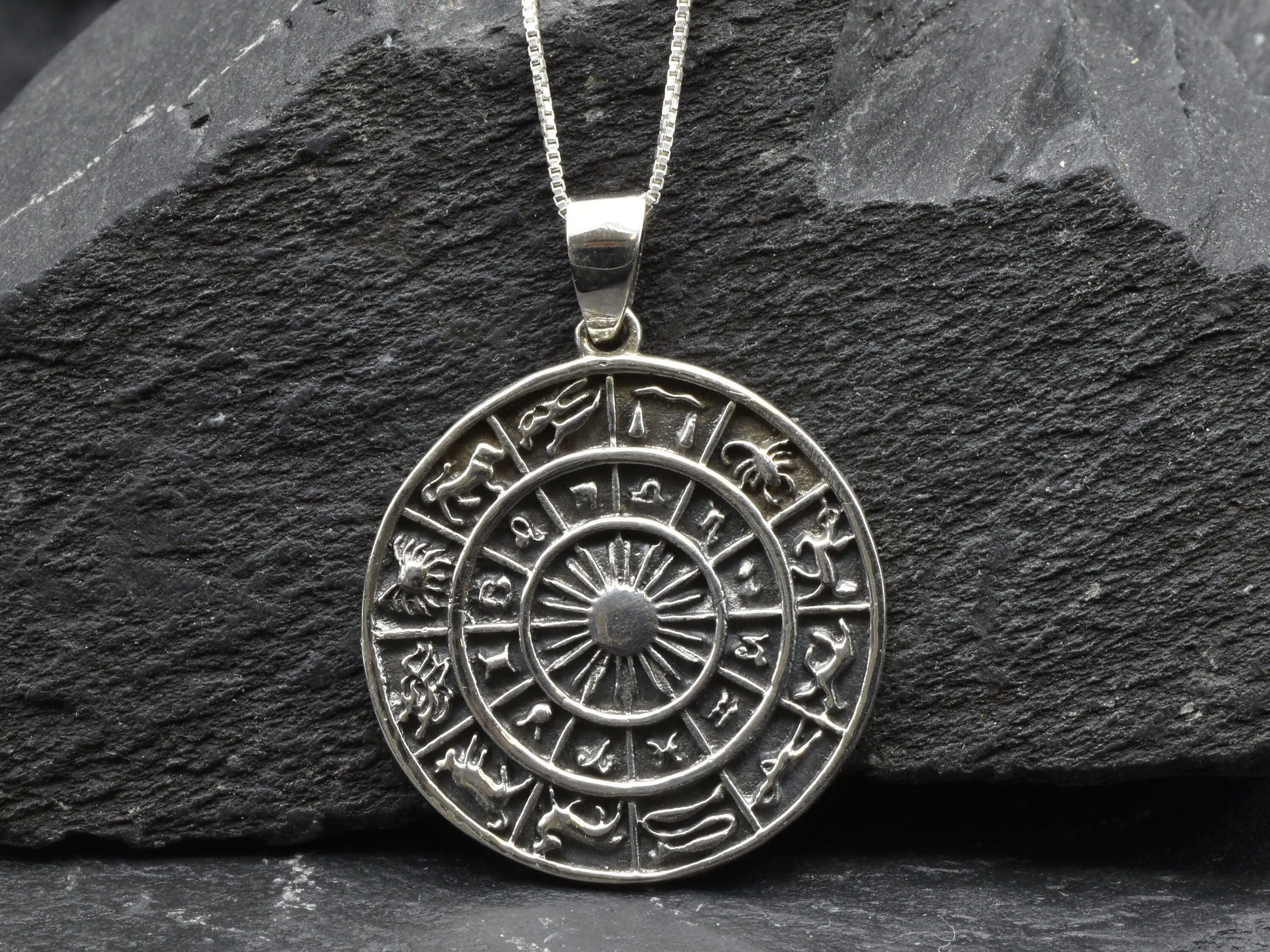 Zodiac Wheel Necklace- Silver Zodiac Pendant - Silver Statement Necklace