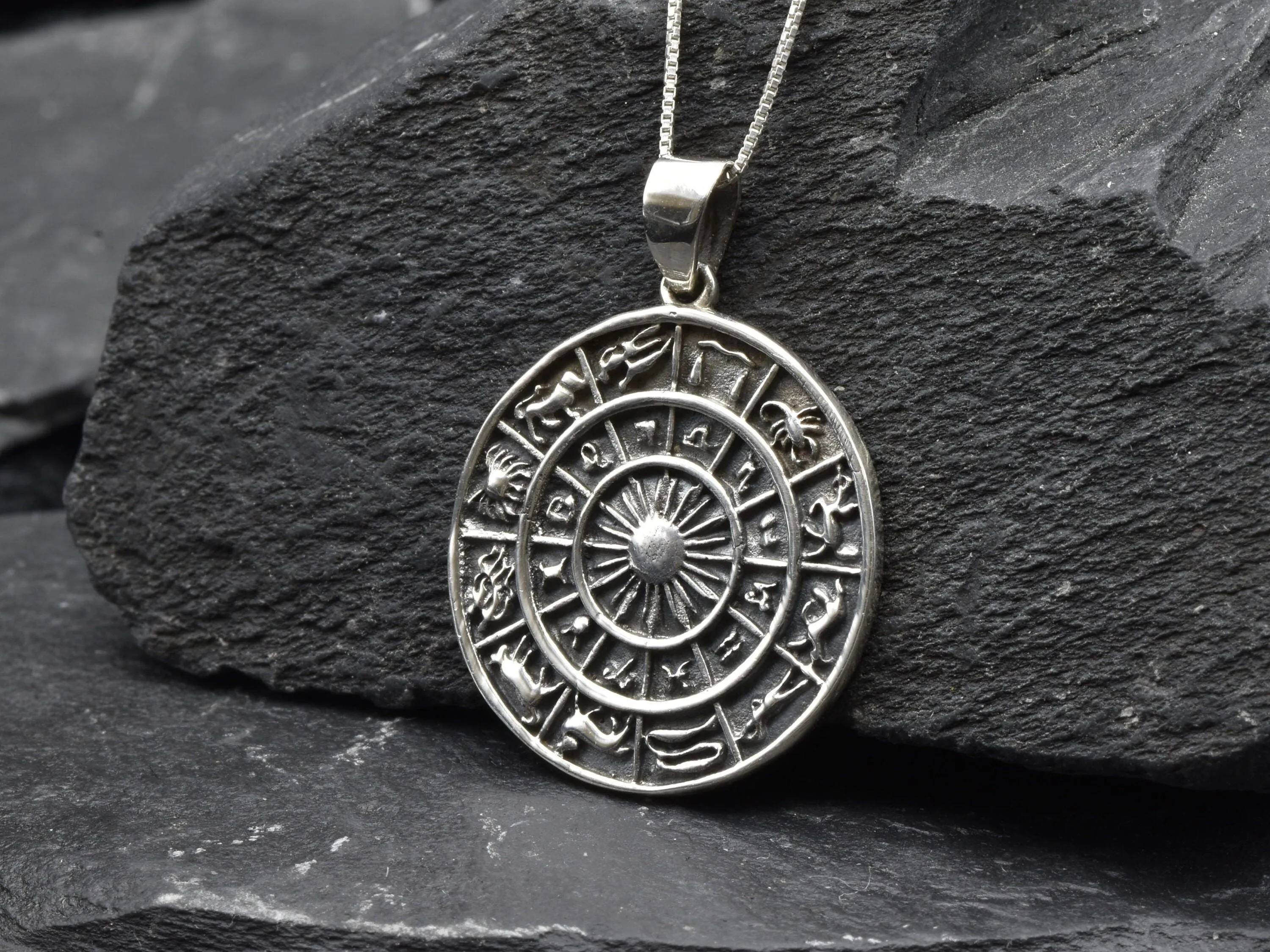 Zodiac Wheel Necklace- Silver Zodiac Pendant - Silver Statement Necklace