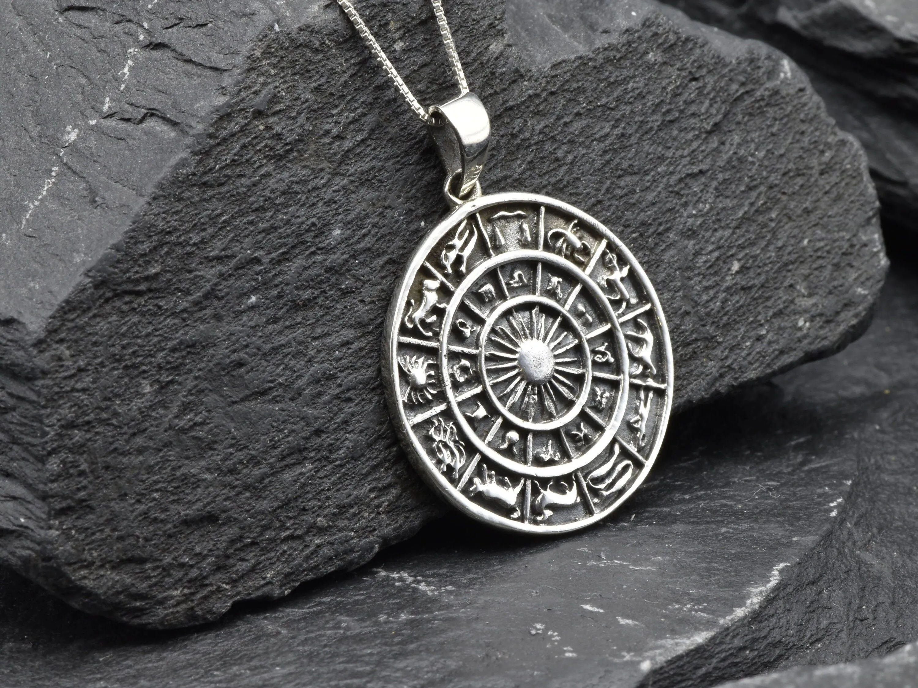 Zodiac Wheel Necklace- Silver Zodiac Pendant - Silver Statement Necklace